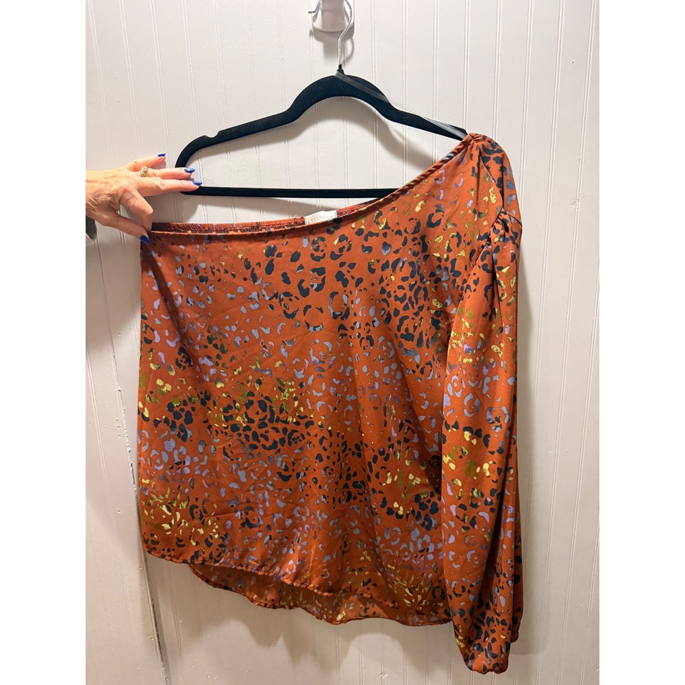 FSL Apparel Womens One Shoulder Animal Print Blouse Orange Gold Large ST3064-D